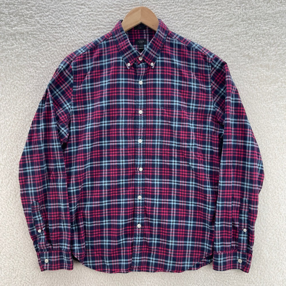 J Crew Shirt Mens L Blue Red Black OCBD Oxford Slim Plaid Preppy Luxury Office